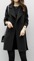 Women's Long Trench Coat Double-Breasted with Tailored Fit - Black