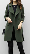 Women's Long Trench Coat Double-Breasted with Tailored Fit - Green