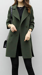 Women's Long Trench Coat Double-Breasted with Tailored Fit - Green