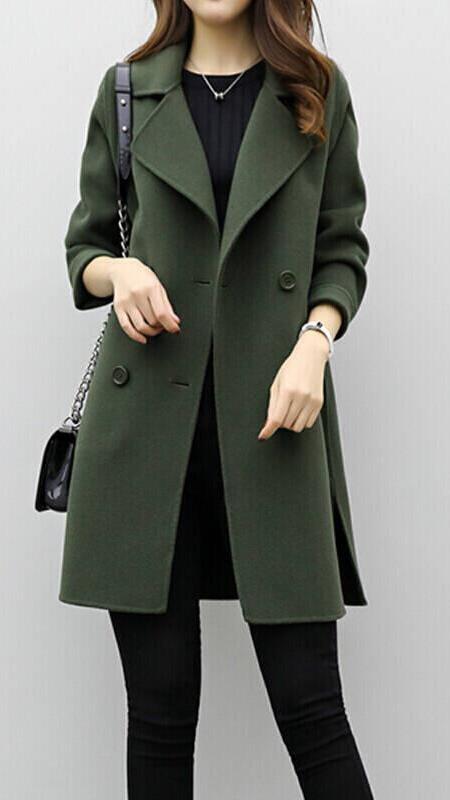Women's Long Trench Coat Double-Breasted with Tailored Fit - Green