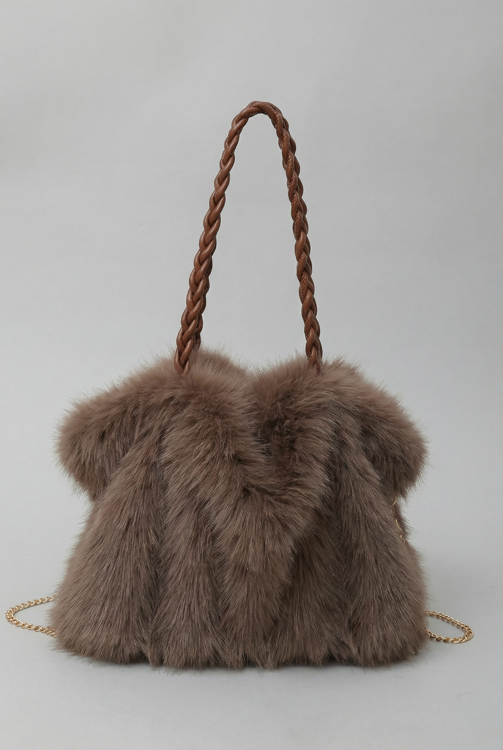 Women's Shoulder Bag with Faux Fur Texture and Braided Handle - Brown