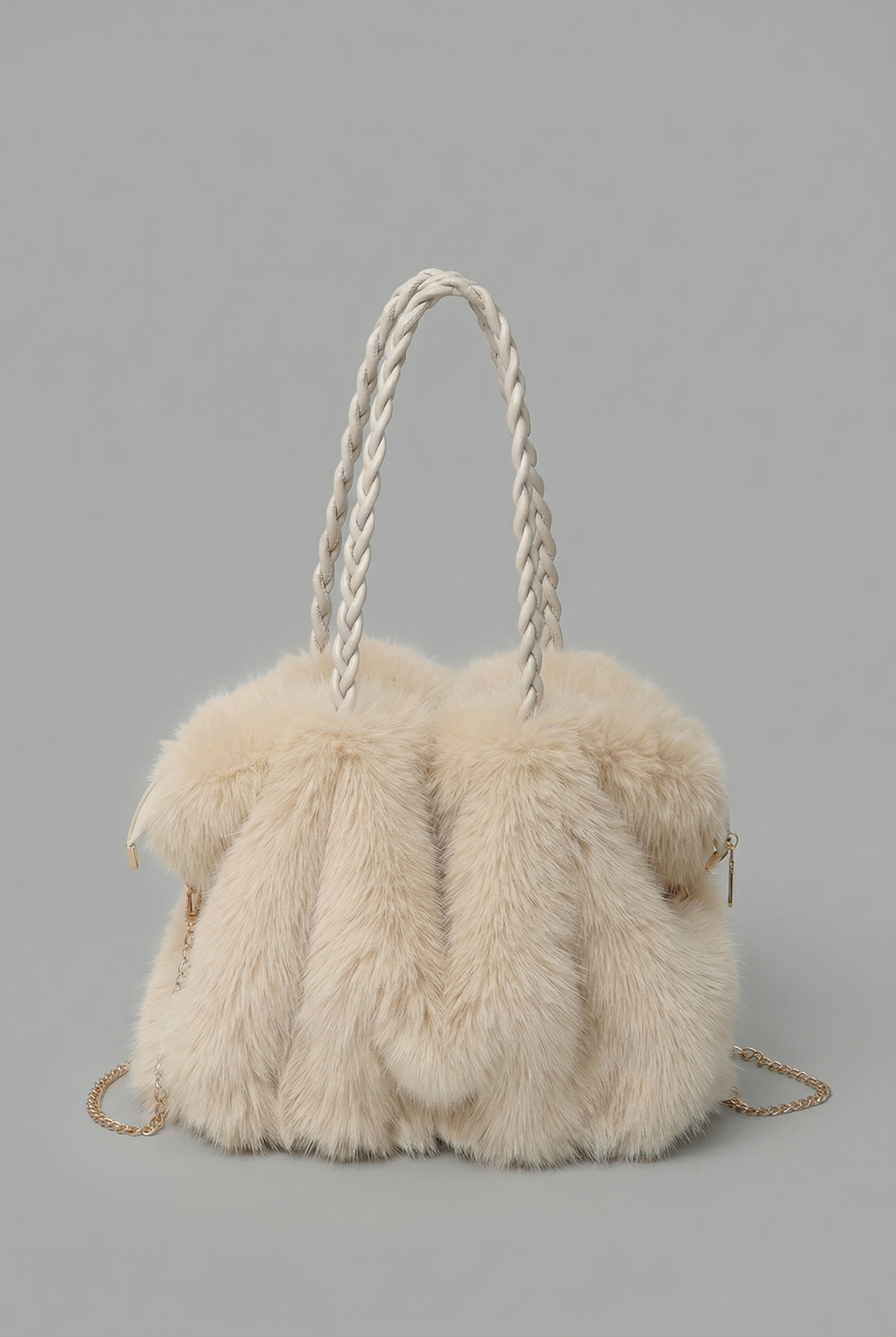 Women's Shoulder Bag with Faux Fur Texture and Braided Handle - White