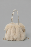Women's Shoulder Bag with Faux Fur Texture and Braided Handle - White