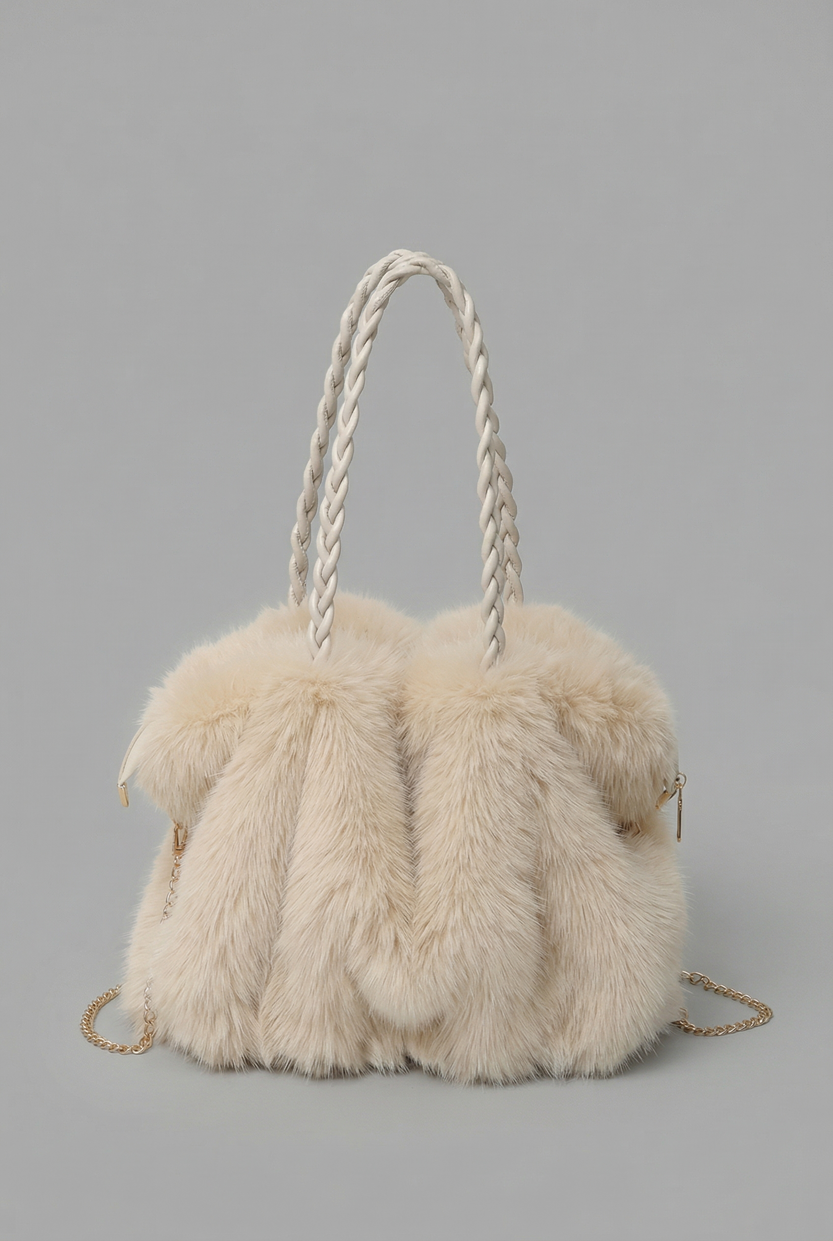 Women's Shoulder Bag with Faux Fur Texture and Braided Handle - White