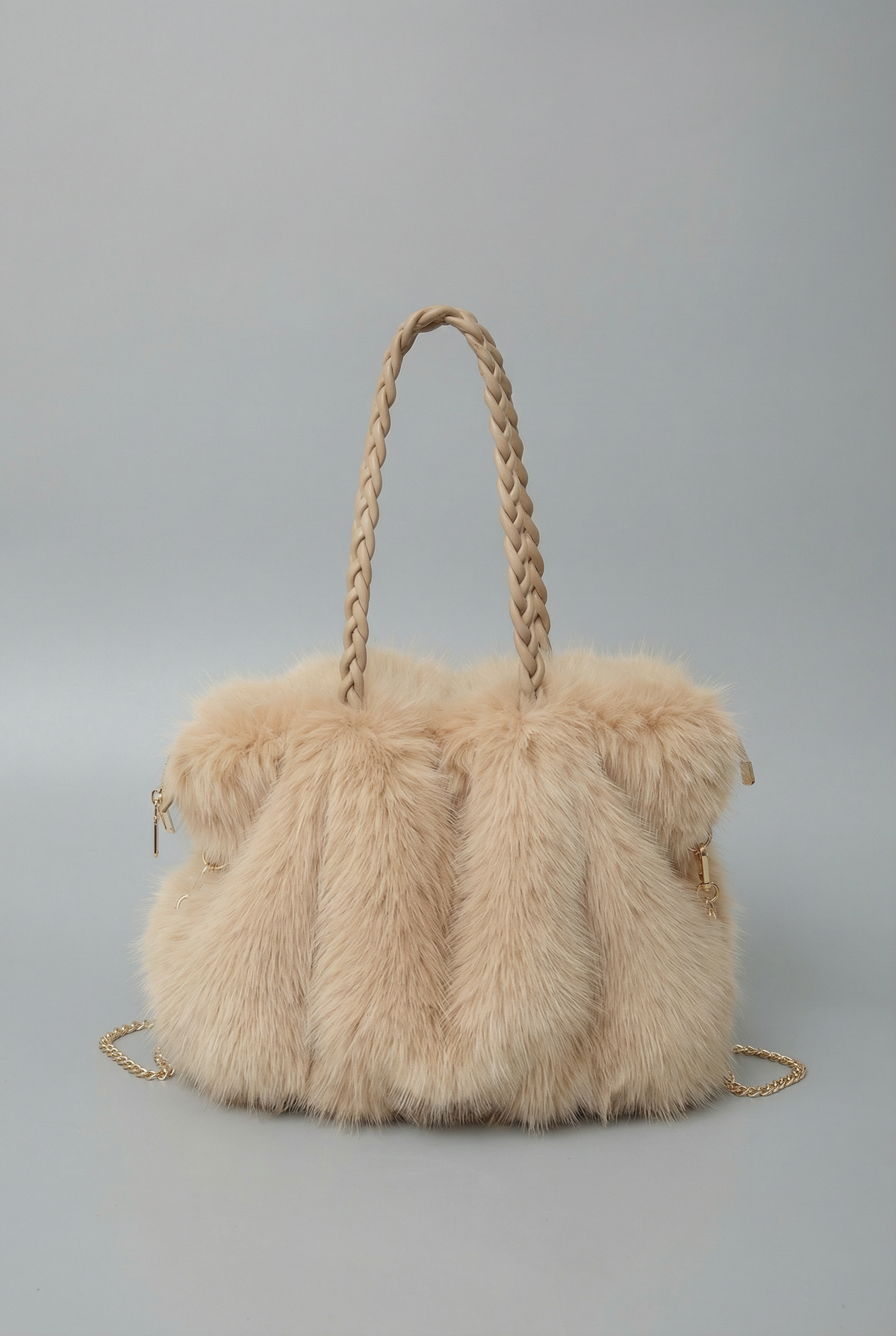 Women's Shoulder Bag with Faux Fur Texture and Braided Handle - Khaki Gray