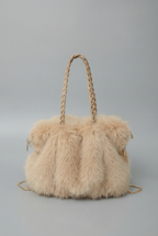 Women's Shoulder Bag with Faux Fur Texture and Braided Handle - Khaki Gray