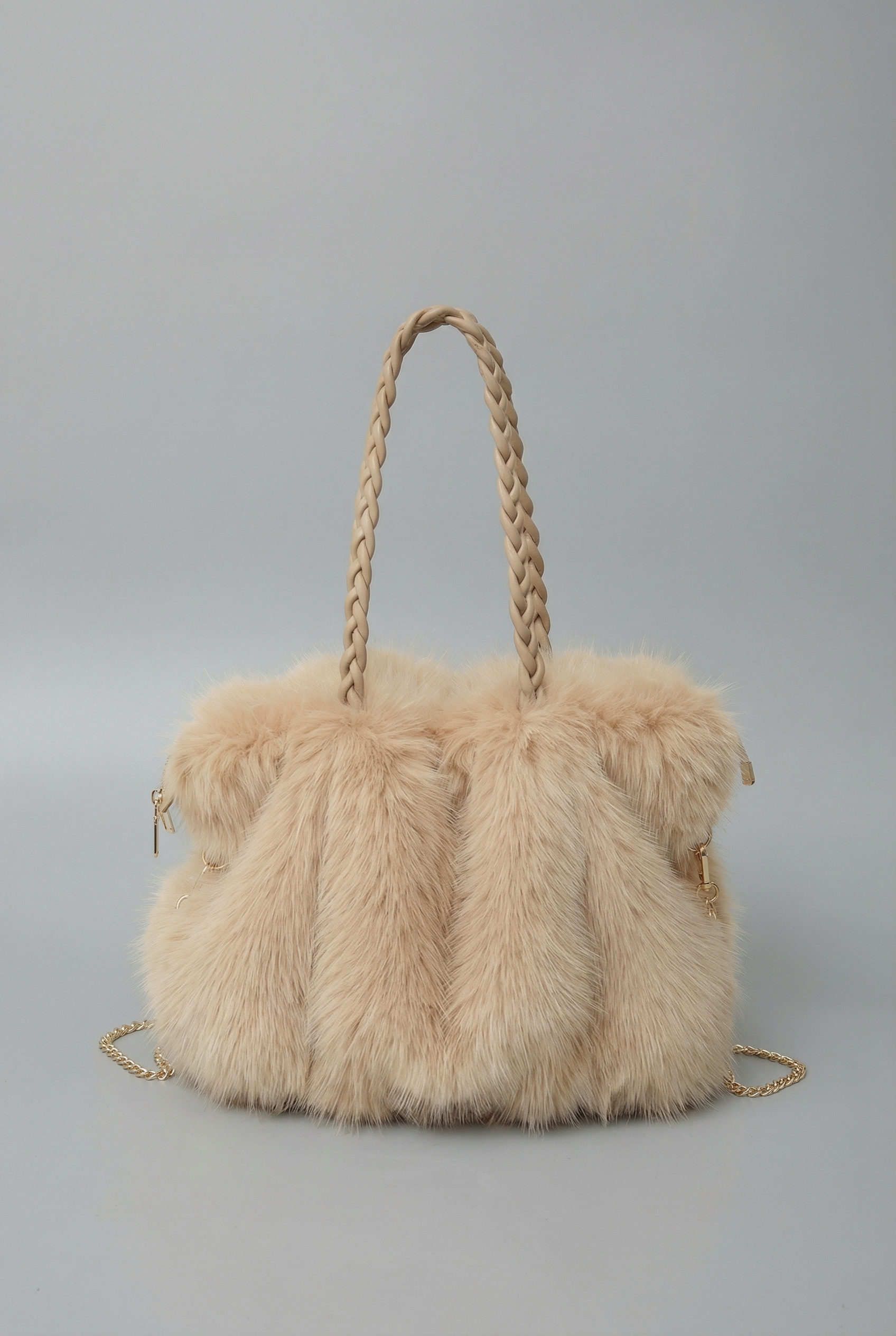 Women's Shoulder Bag with Faux Fur Texture and Braided Handle - Khaki Gray
