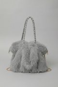 Women's Shoulder Bag with Faux Fur Texture and Braided Handle - Gray