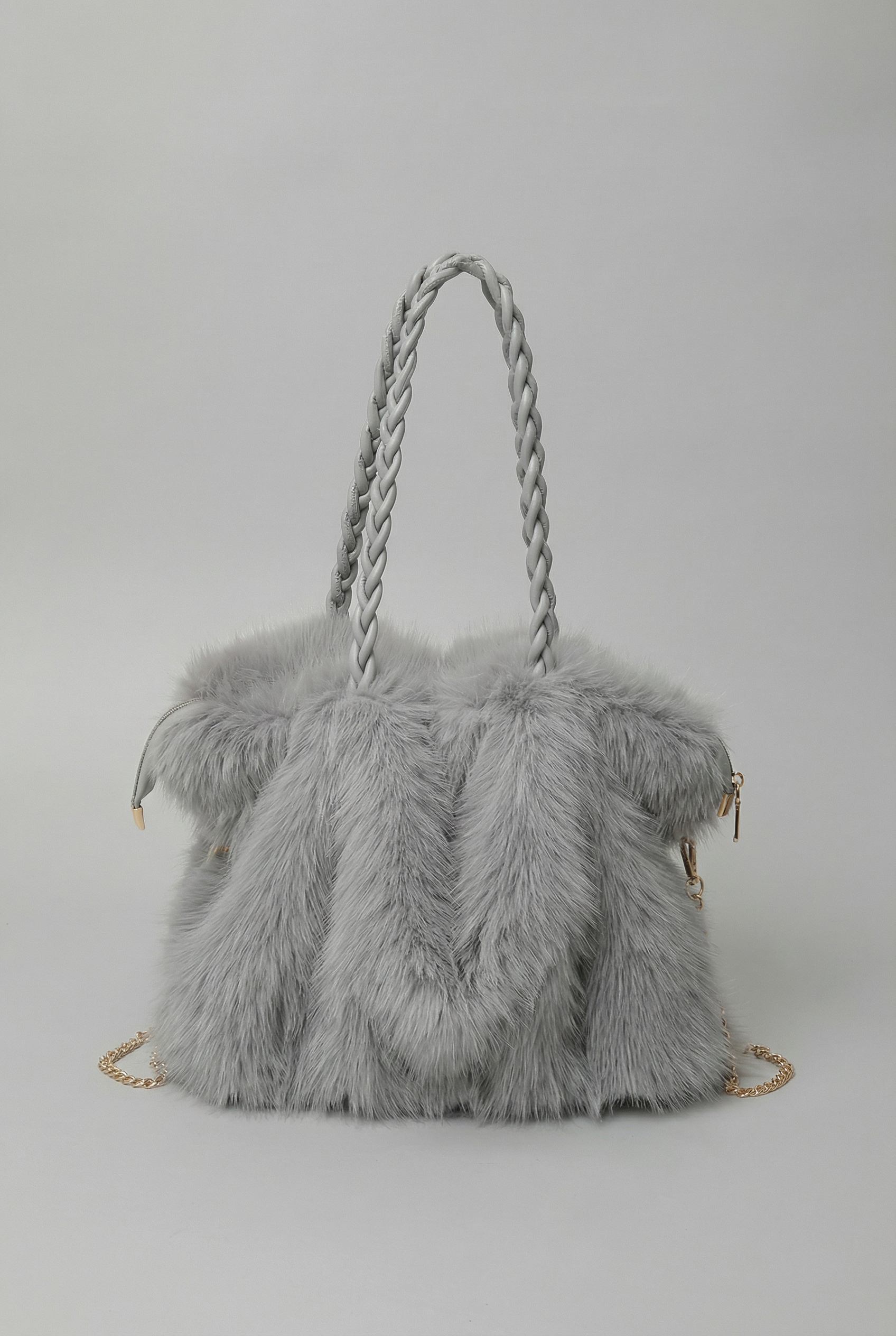 Women's Shoulder Bag with Faux Fur Texture and Braided Handle - Gray