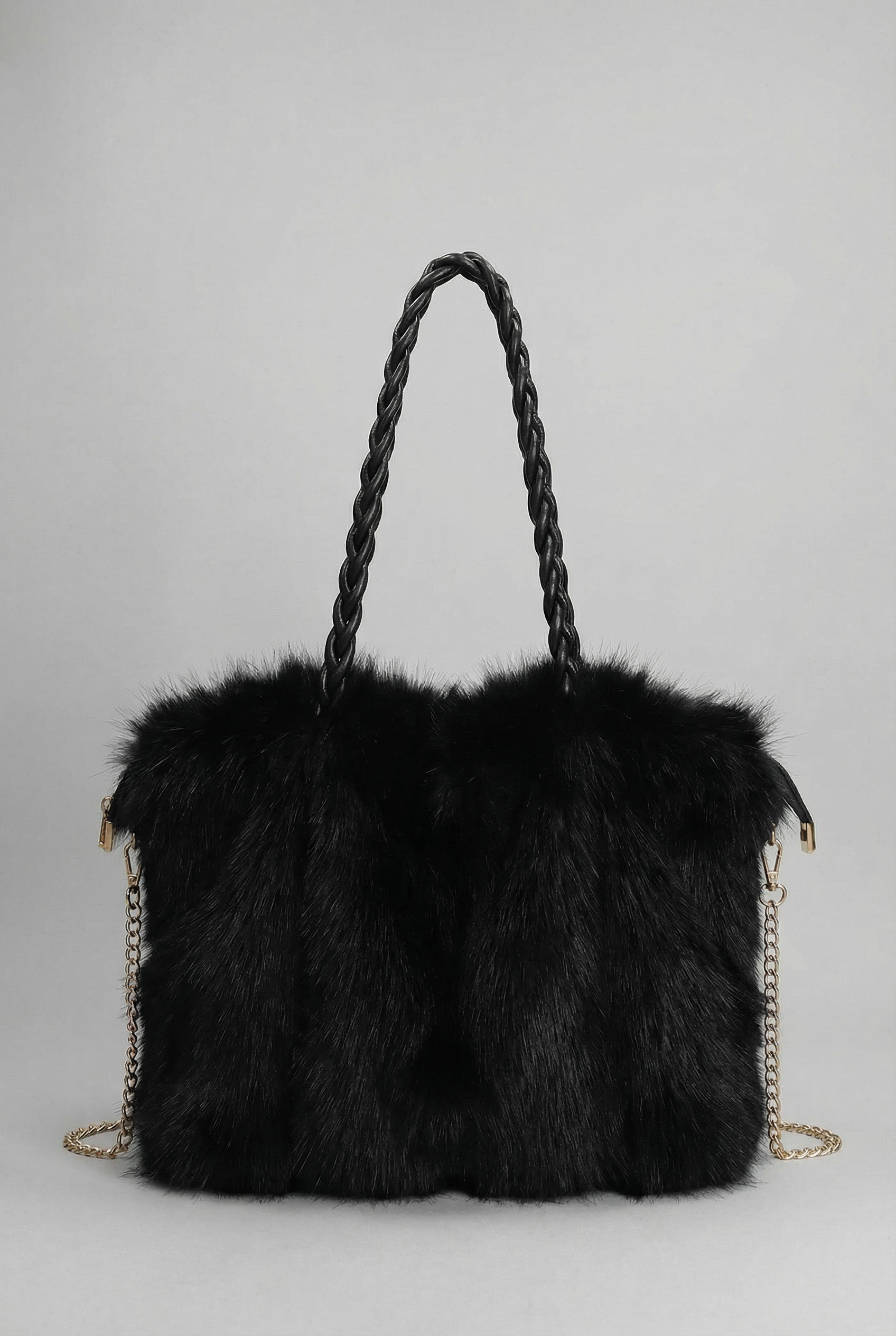 Women's Shoulder Bag with Faux Fur Texture and Braided Handle - Black
