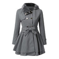 Women's Double-Breasted Coat with Faux Fur Collar and Belted Waist - Grey