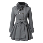 Women's Double-Breasted Coat with Faux Fur Collar and Belted Waist - Grey
