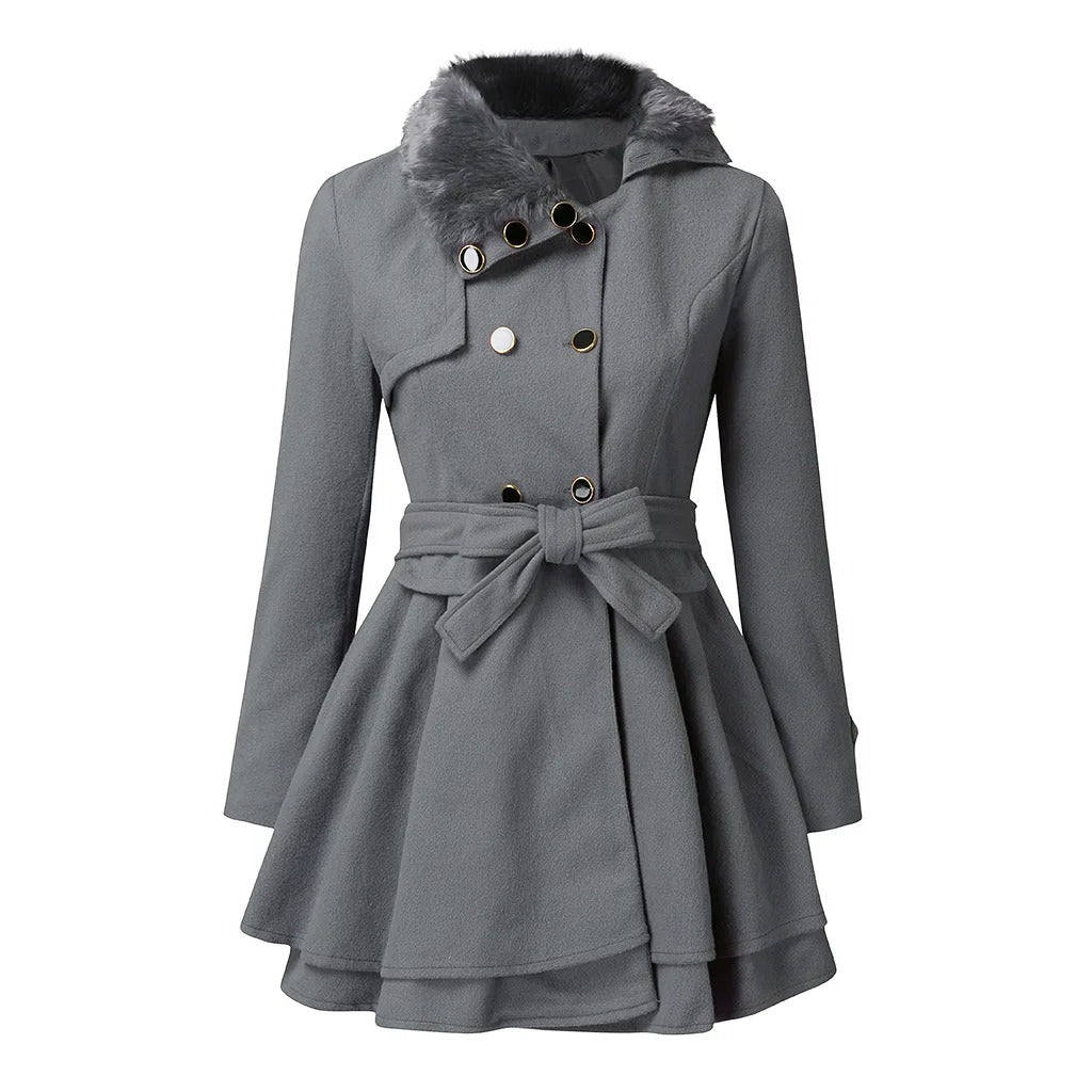 Women's Double-Breasted Coat with Faux Fur Collar and Belted Waist - Grey