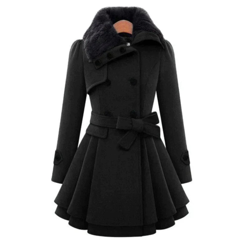 Women's Double-Breasted Coat with Faux Fur Collar and Belted Waist - Black