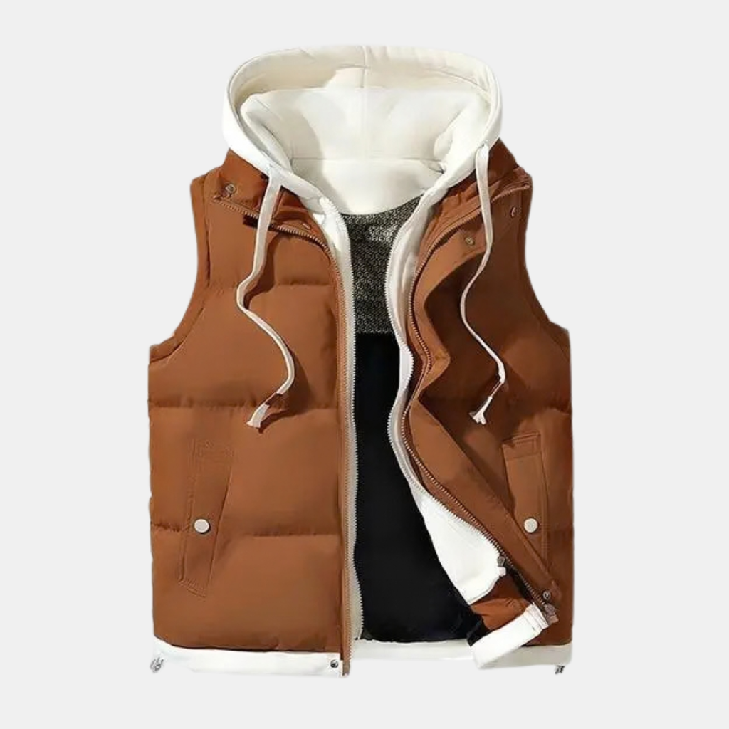 Women's Quilted Hooded Puffer Gilet Zip Front Fleece Lined - Caramel