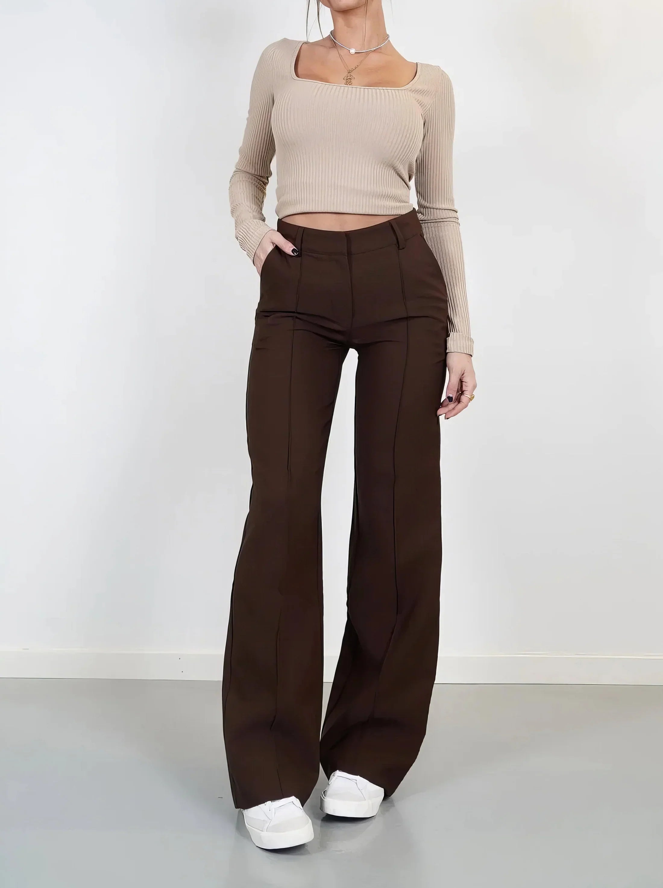 Women's High Waist Wide Leg Trousers with Tailored Finish - 12