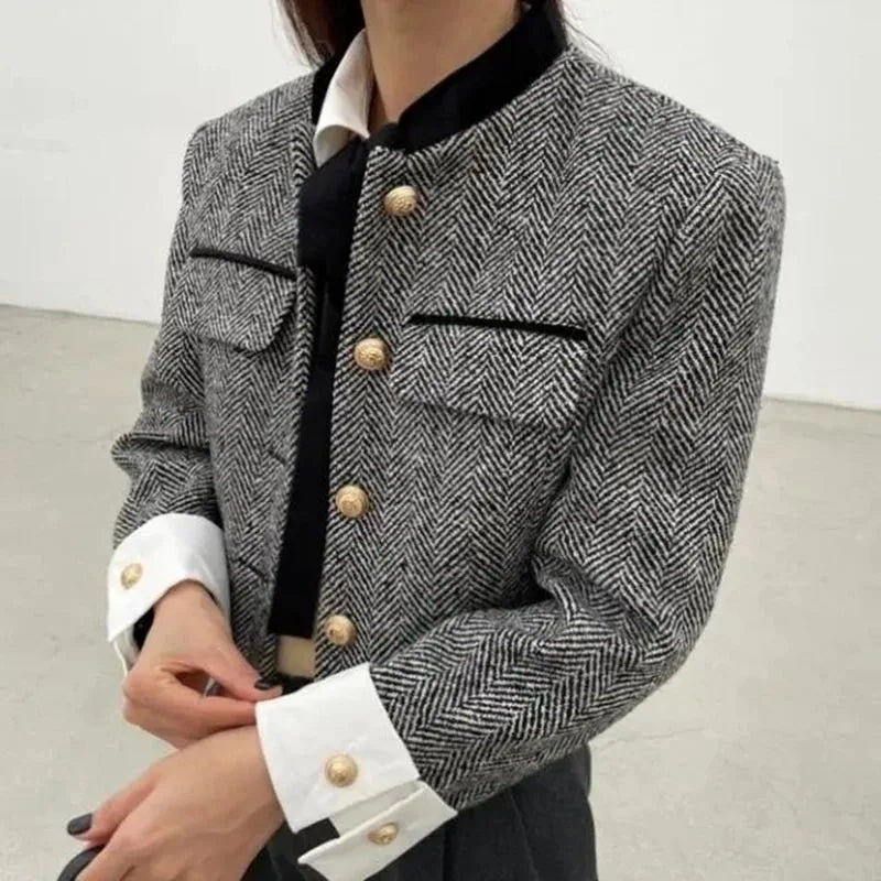 Women's Cropped Tailored Jacket with Contrast Cuffs - 3