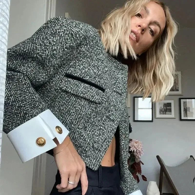 Women's Cropped Tailored Jacket with Contrast Cuffs