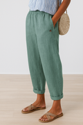 Women Relaxed Trousers with Turn-Up Hem and Side Pockets - Light Green