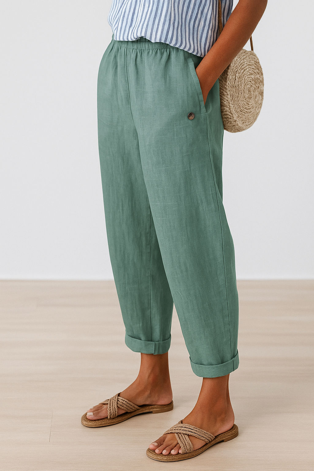 Women Relaxed Trousers with Turn-Up Hem and Side Pockets - Light Green