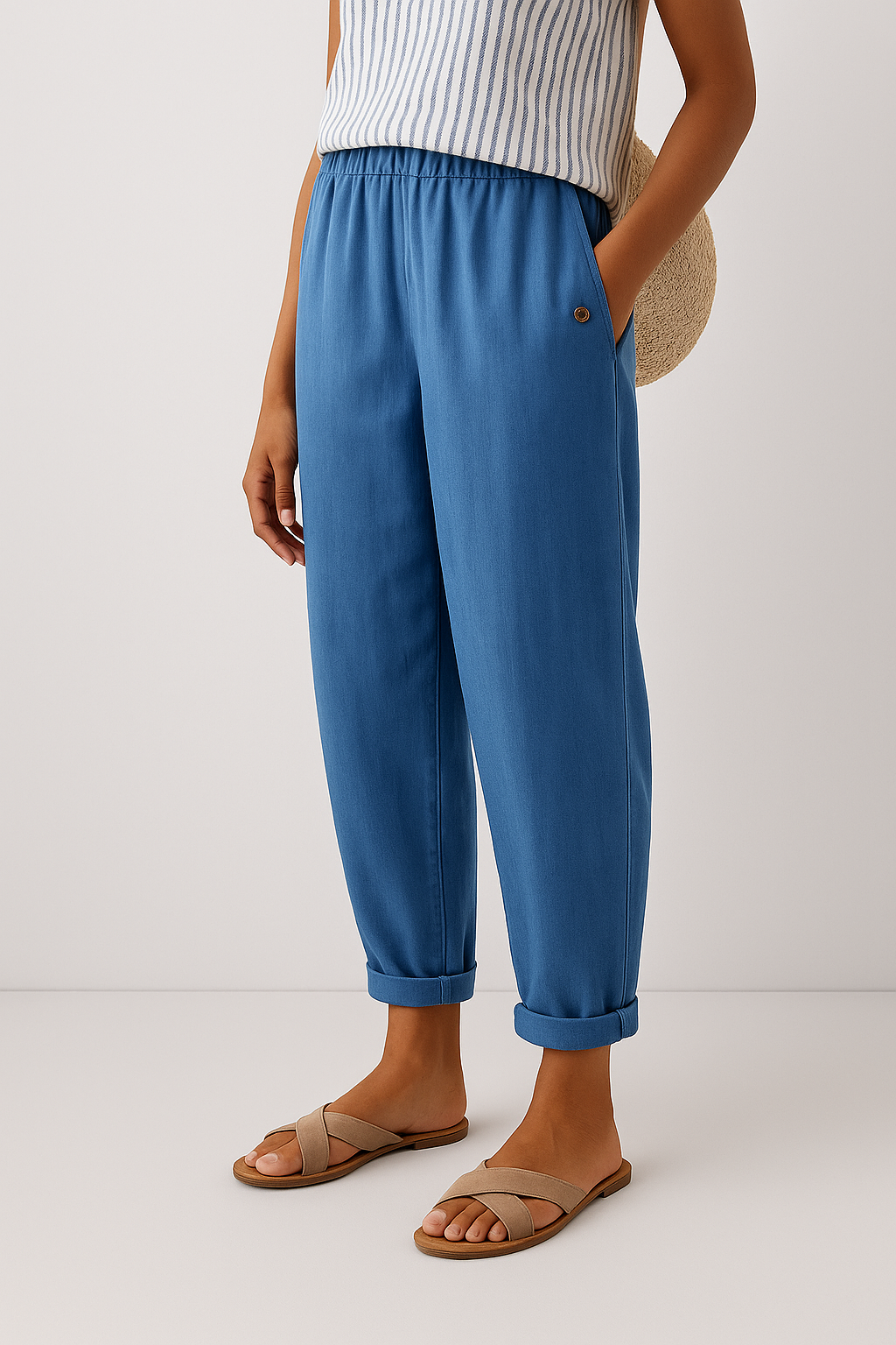Women Relaxed Trousers with Turn-Up Hem and Side Pockets - Blue