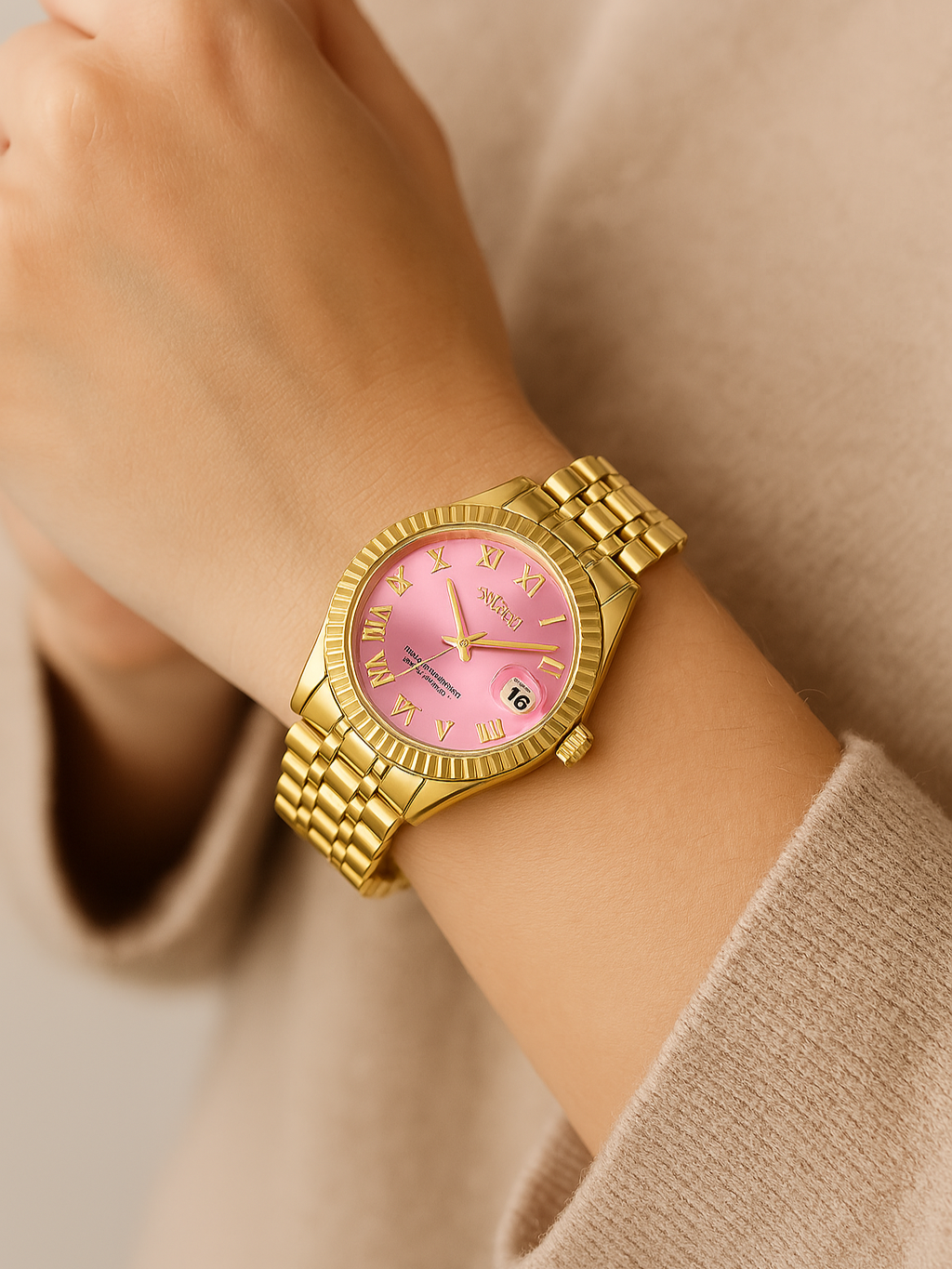 Women's Crystal Watch with Fluted Bezel and Roman Numerals - 3