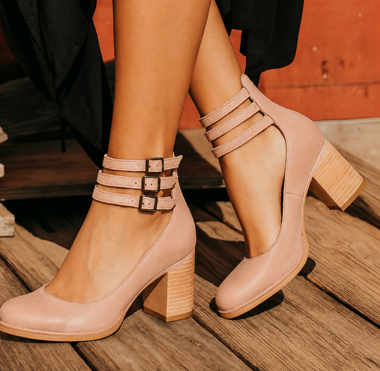 Women Block-Heel Shoes with Double Ankle Buckle Straps - Beige Suede