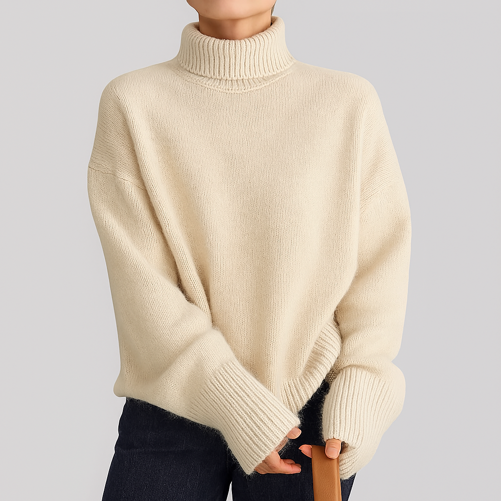 Women's Turtleneck Relaxed Fit Jumper with Ribbed Cuffs - Beige