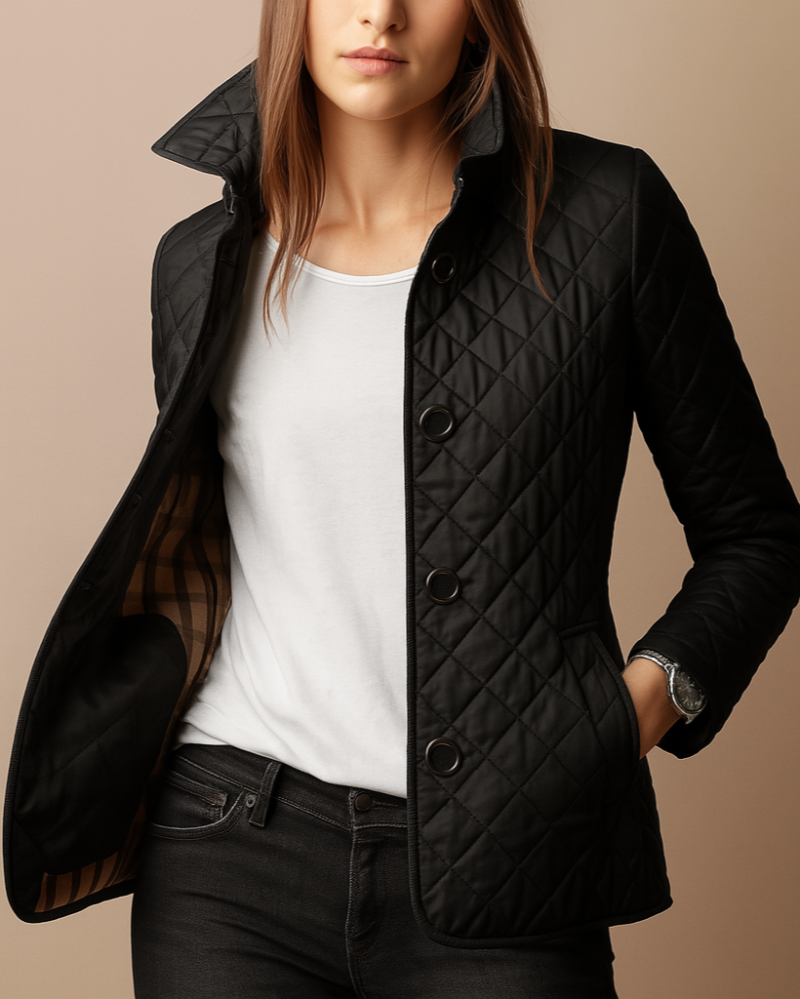 Women's Diamond Quilted Jacket with Stand Collar - Black