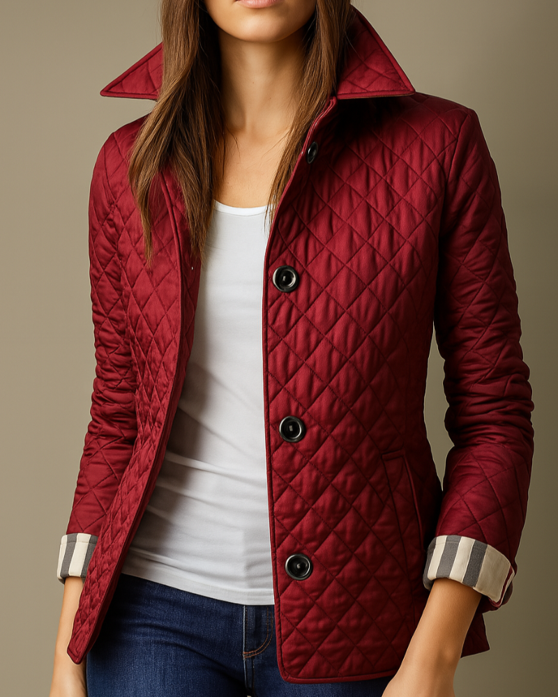 Women's Diamond Quilted Jacket with Stand Collar - Red