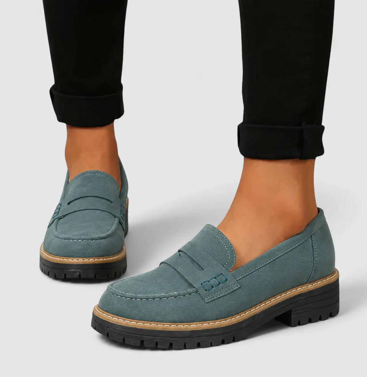 Women's Penny Loafers with Chunky Platform Sole - Green