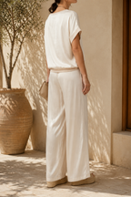 Women's Two Piece Wide-Leg Trouser Set with Relaxed Top and Drawstring Waist