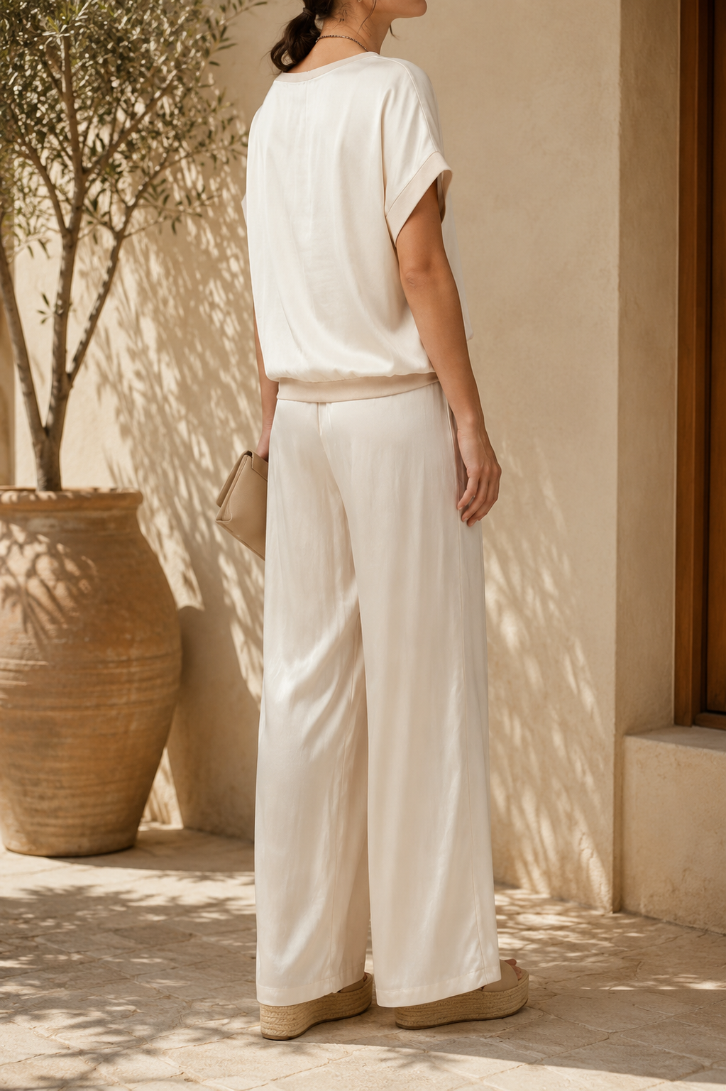 Women's Two Piece Wide-Leg Trouser Set with Relaxed Top and Drawstring Waist