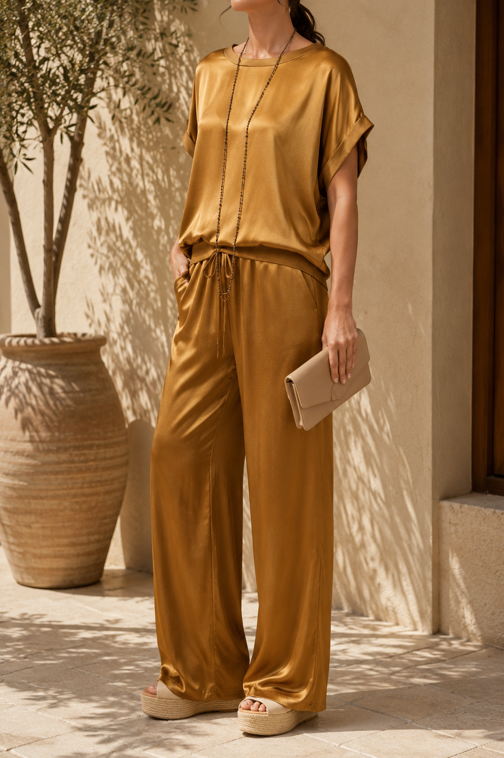 Women's Two Piece Wide-Leg Trouser Set with Relaxed Top and Drawstring Waist - Brown