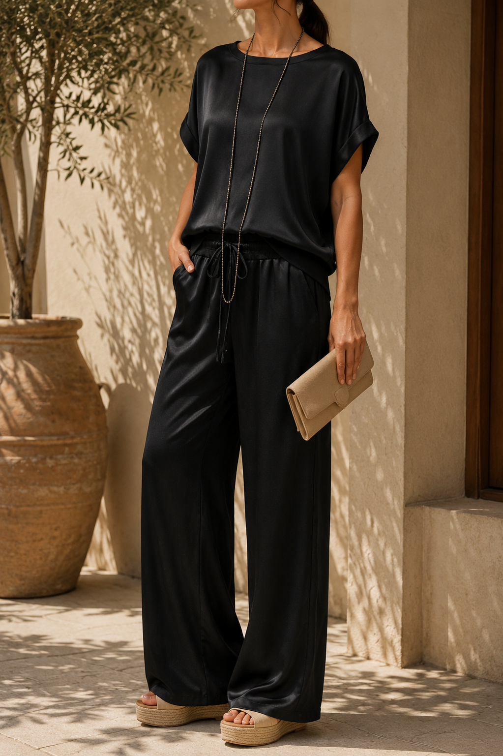 Women's Two Piece Wide-Leg Trouser Set with Relaxed Top and Drawstring Waist - Black