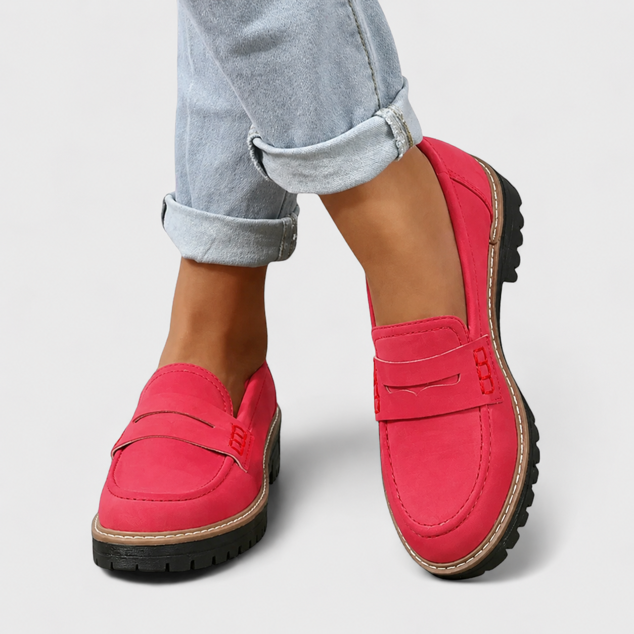 Women's Penny Loafers with Chunky Platform Sole - Red