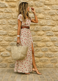 Women's Maxi Dress Short Sleeve V-Neck with Belt and Side Slit - Red