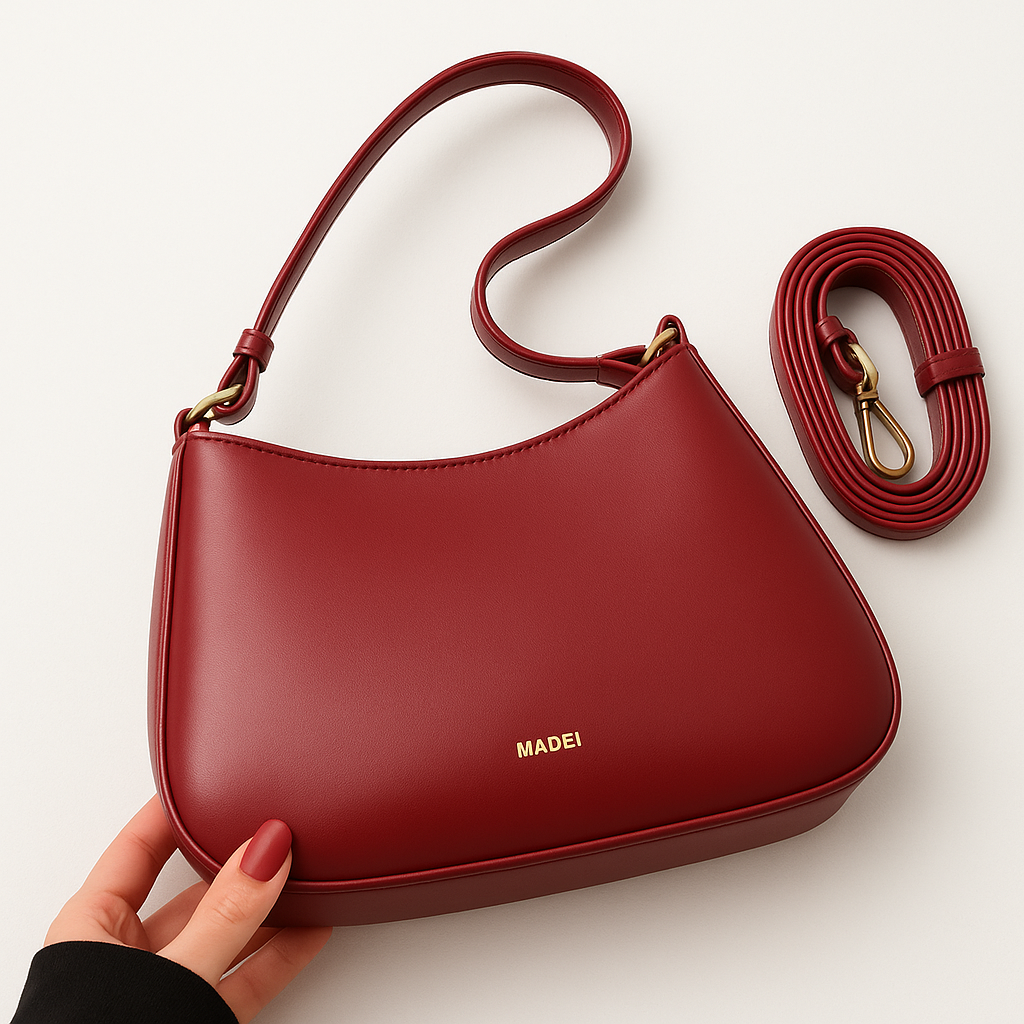 Women's Shoulder Bag with Adjustable Strap and Curved Silhouette - Wine Red