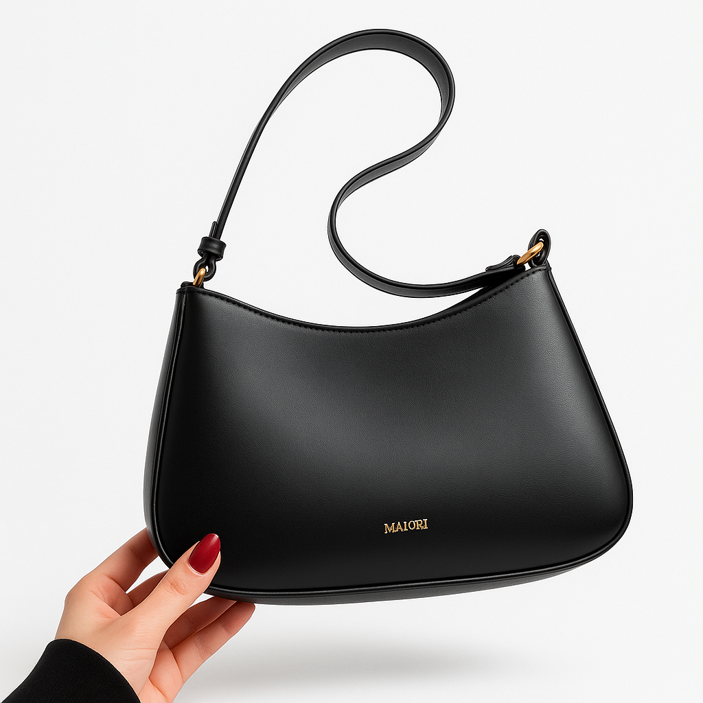Women's Shoulder Bag with Adjustable Strap and Curved Silhouette - Black