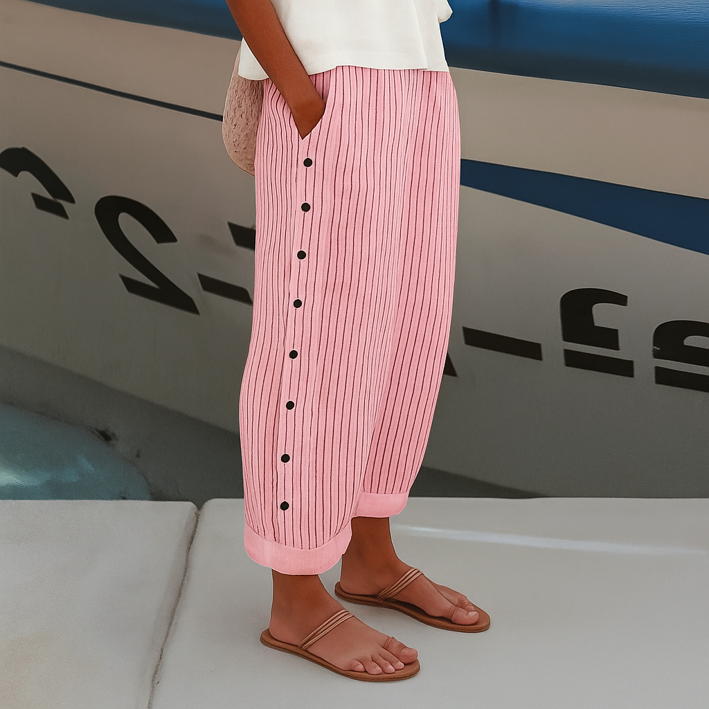 Women Striped Trousers with Side-Button Detail and Pockets - Pink