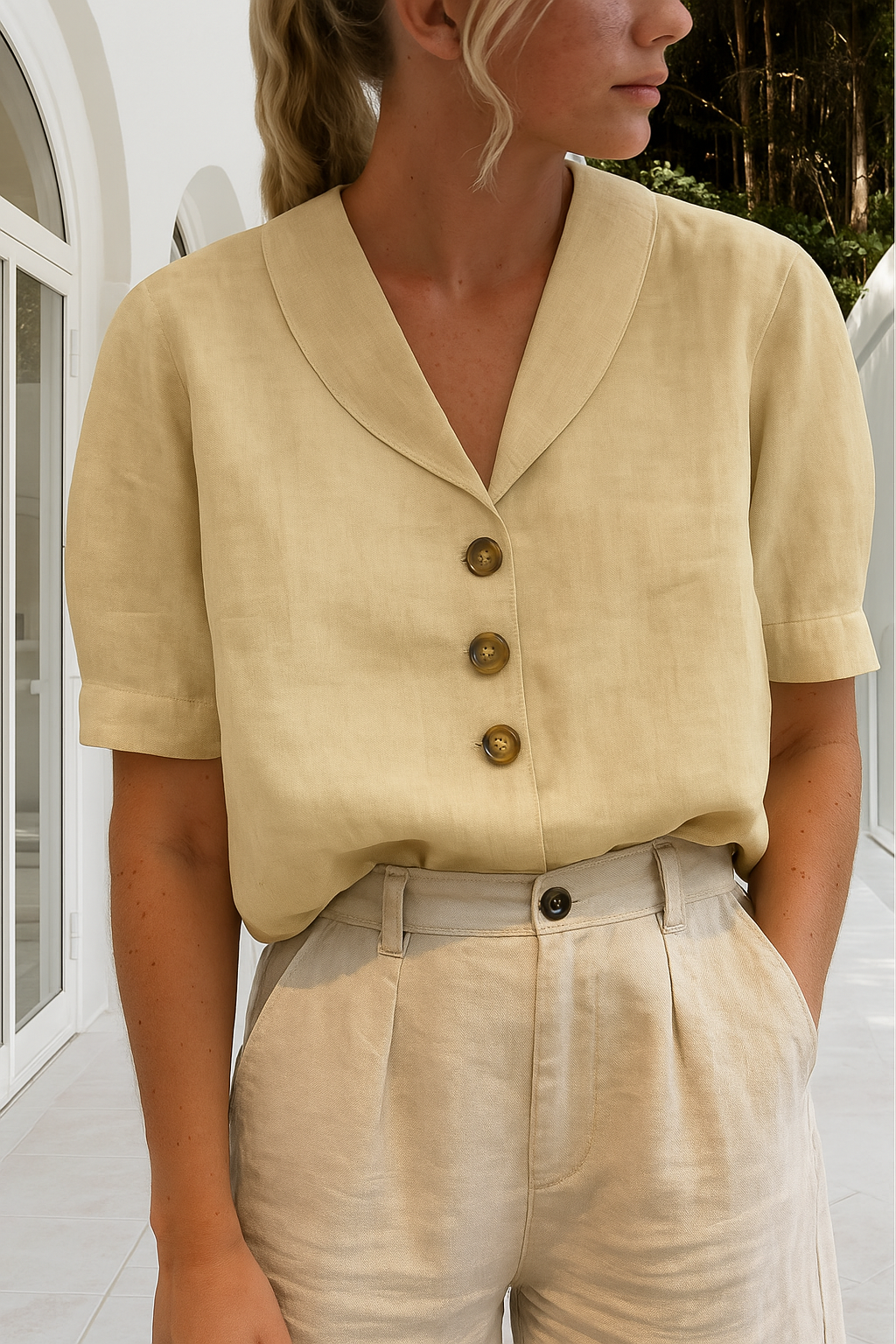 Women's Shawl-Collar Blouse Short Sleeve with Button Front - Beige