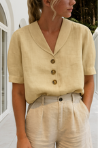 Women's Shawl-Collar Blouse Short Sleeve with Button Front - Beige