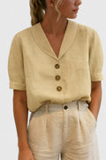 Women's Blouse with Shawl Collar and Short Sleeves - Beige