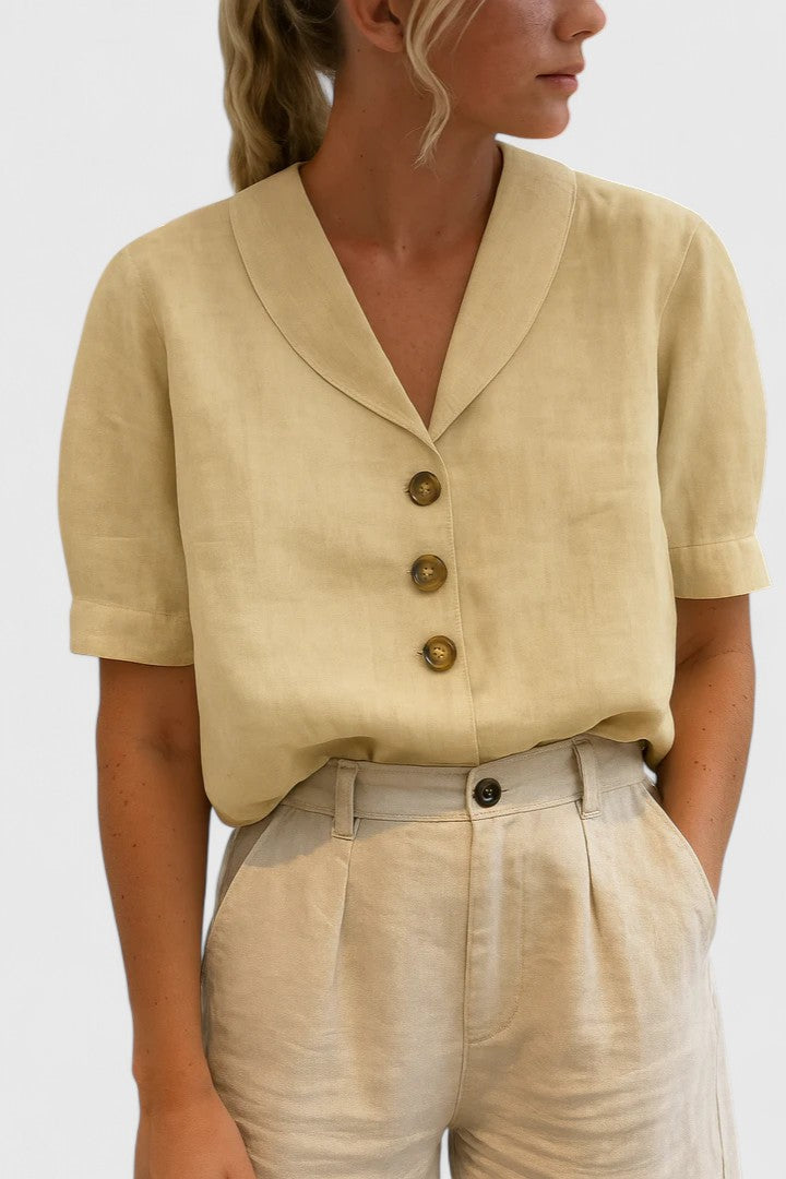 Women's Blouse with Shawl Collar and Short Sleeves - Beige