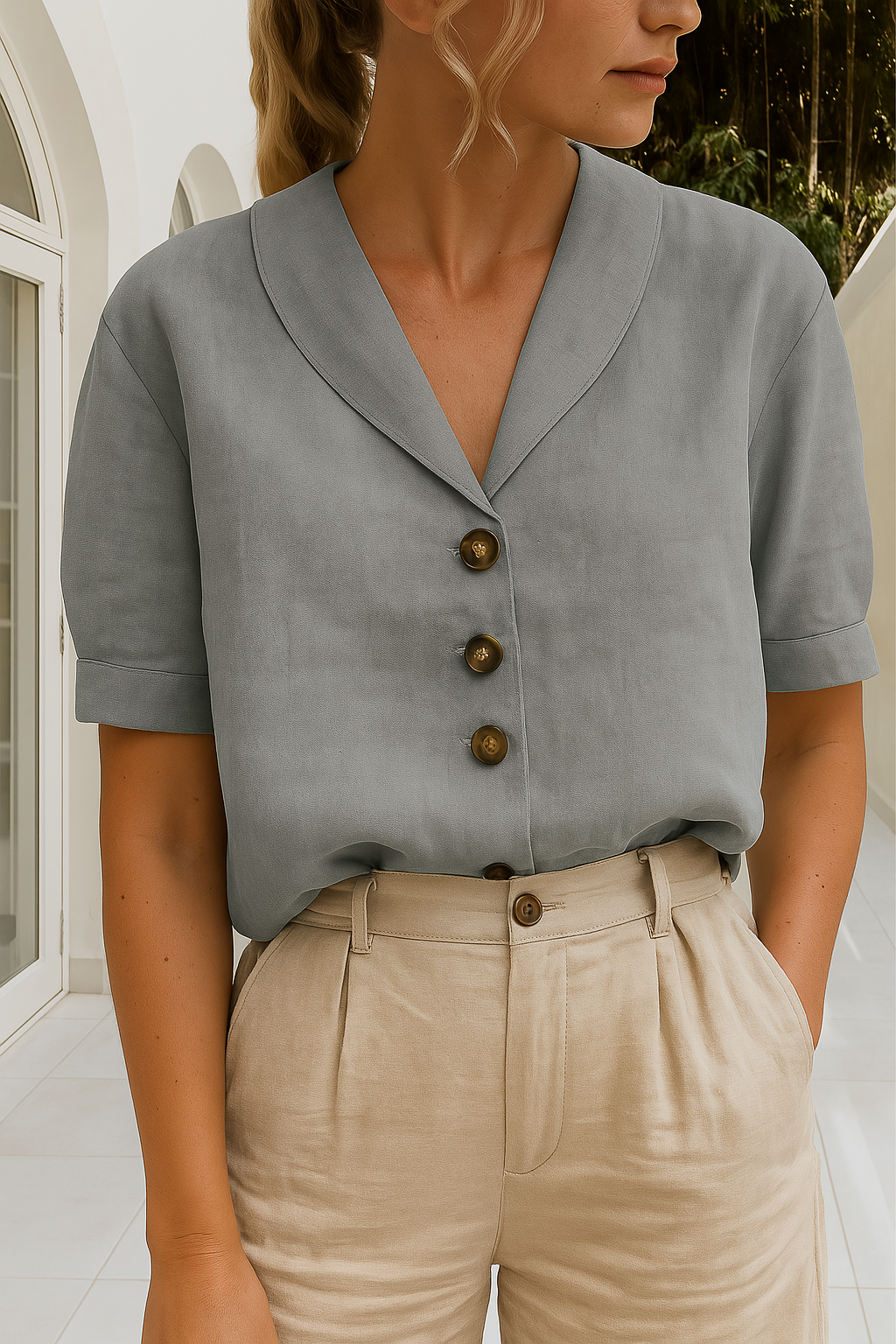 Women's Shawl-Collar Blouse Short Sleeve with Button Front - Grey