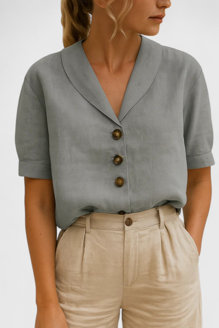 Women's Blouse with Shawl Collar and Short Sleeves - Grey