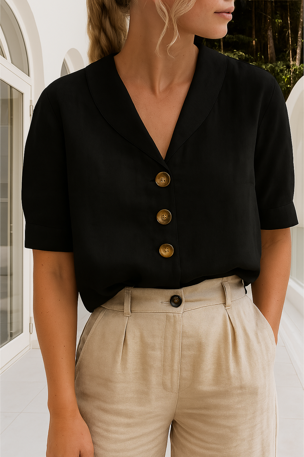 Women's Shawl-Collar Blouse Short Sleeve with Button Front - Black