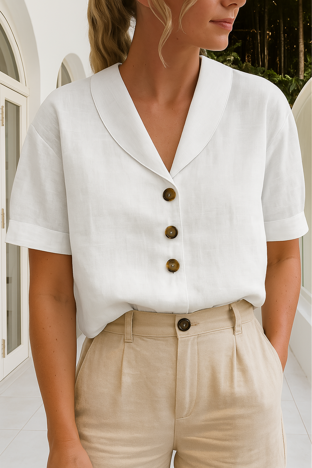 Women's Shawl-Collar Blouse Short Sleeve with Button Front - White