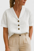 Women's Blouse with Shawl Collar and Short Sleeves - White