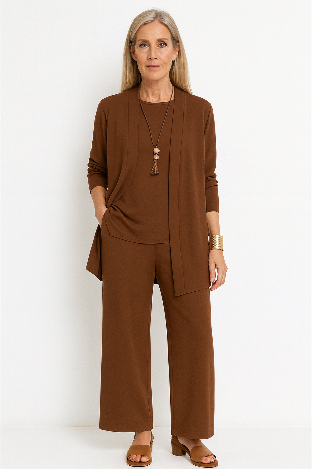 Women's Three-Piece Set Waistcoat Top and Trousers - Brown